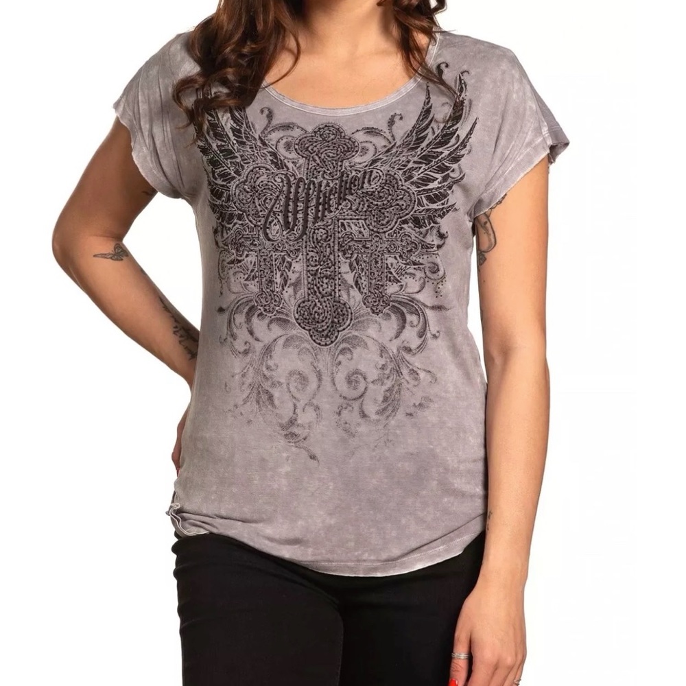 Affliction Women's T-Shirt CALDWELL CREEK Panel Scoop Neck Cross Biker
